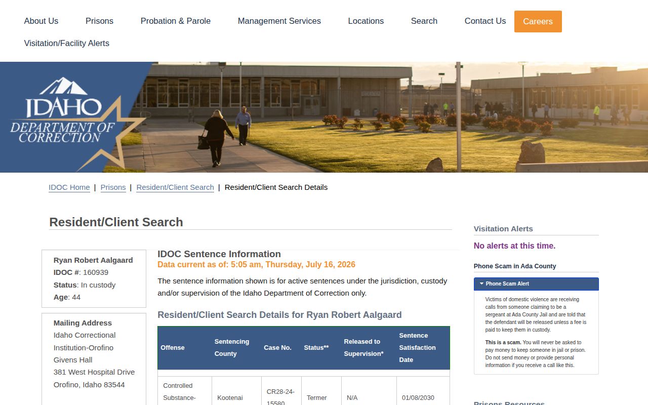 Illustrative Idaho IDOC projected release date fields for Oneida County lookup
